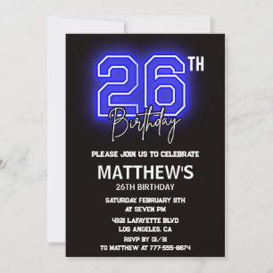 Invitaciones de cumpleaños 26 Neon Negro Hombres D