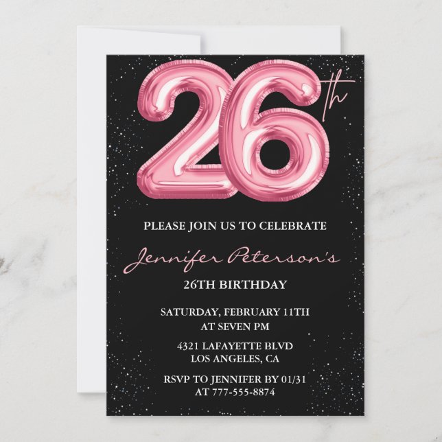 invitaciones de cumpleaños 26 Pink Balloon Glam Bl (Anverso)