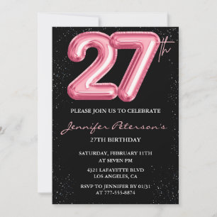 invitaciones de cumpleaños 27 globos rosados glam 