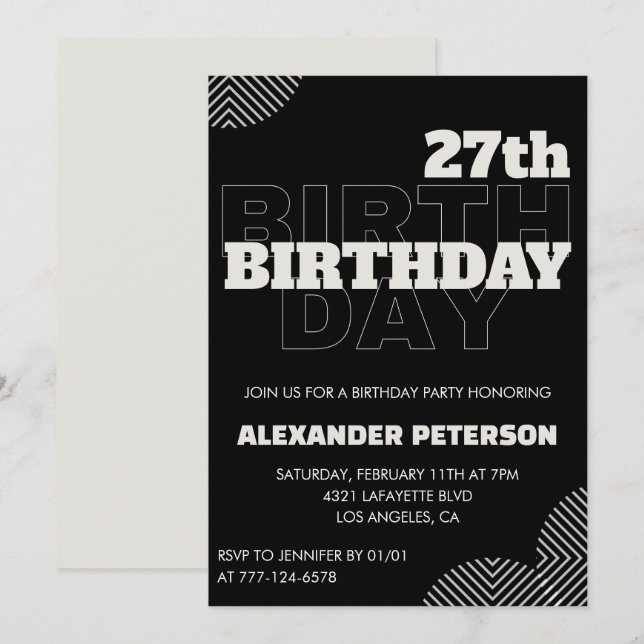 Invitaciones de cumpleaños 27 negro Hombres Fiesta (Anverso / Reverso)