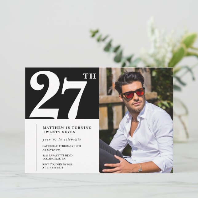 Invitaciones de cumpleaños 27 negro y blanco (Anverso de pie)