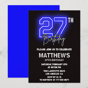 Invitaciones de cumpleaños 27 Neon Negro Hombres D