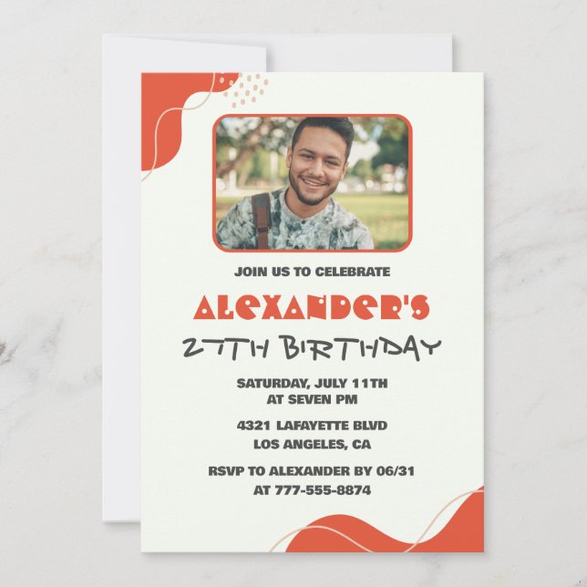 Invitaciones de cumpleaños 27 para hombres moderna (Anverso)