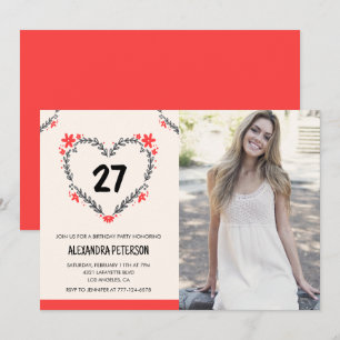 Invitaciones de cumpleaños 27 para su Corazón Flor