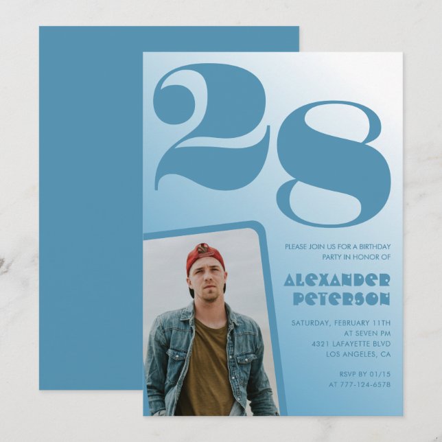 Invitaciones de cumpleaños 28 azul degradado Niño  (Anverso / Reverso)