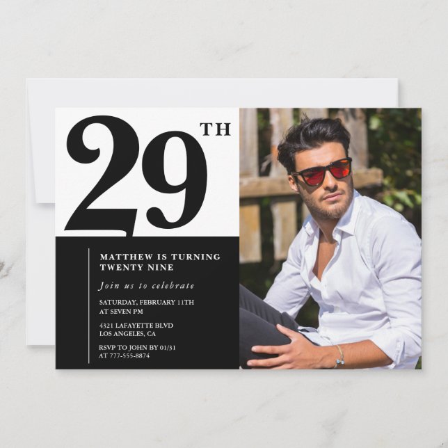 Invitaciones de cumpleaños 29 negras y blancas con (Anverso)