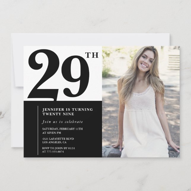 Invitaciones de cumpleaños 29 para fotos en blanco (Anverso)