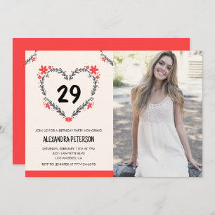 Invitaciones de cumpleaños 29 para su Corazón Flor