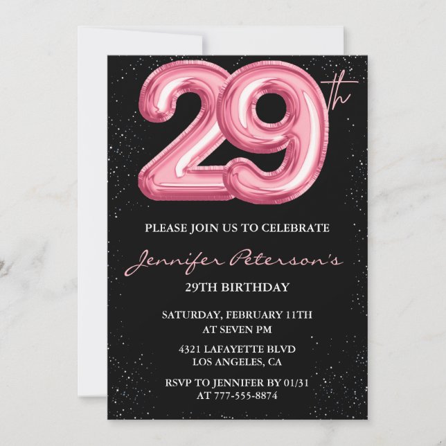 invitaciones de cumpleaños 29 Pink Balloon Glam Bl (Anverso)