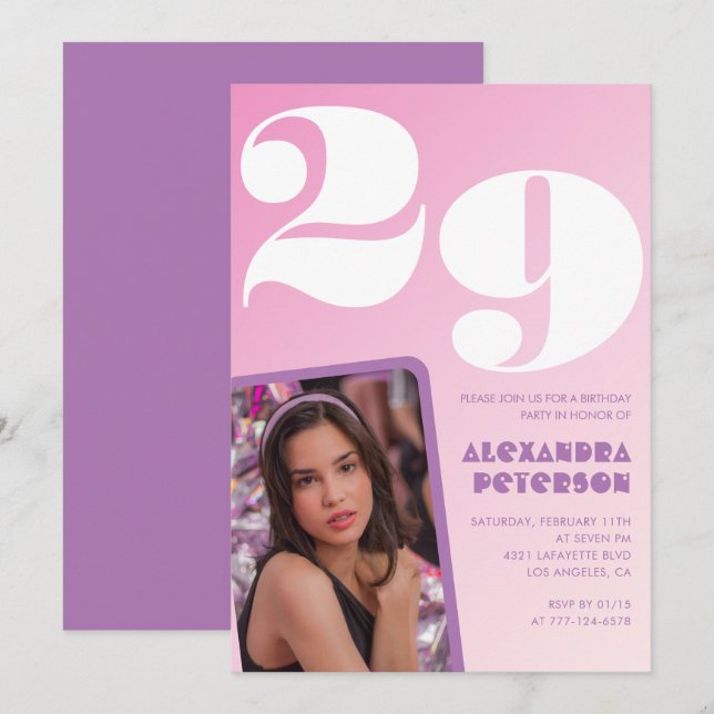 Invitaciones de cumpleaños 29 Pink Retro Foto (Anverso / Reverso)