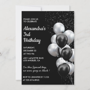 Invitaciones de cumpleaños 3º negro Globos Plata