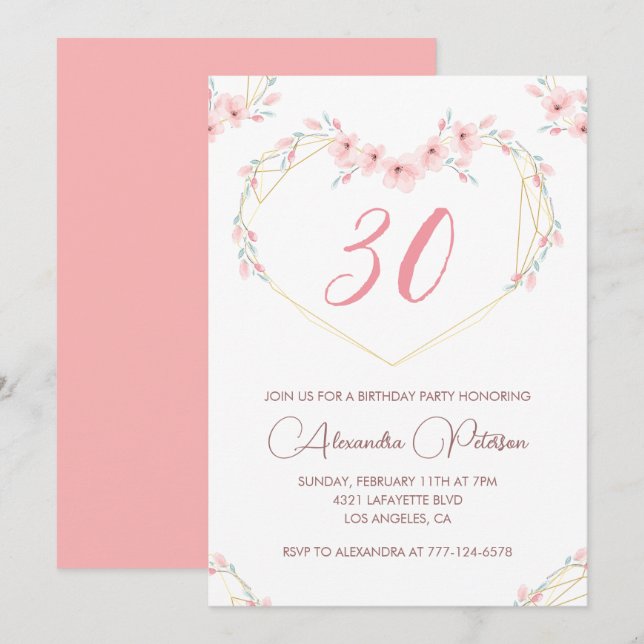 invitaciones de cumpleaños 30 Boho Floral Elegante (Anverso / Reverso)