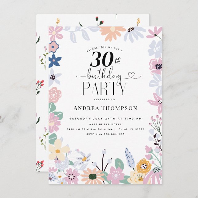 Invitaciones de cumpleaños 30 de Garden Wildflower (Anverso / Reverso)