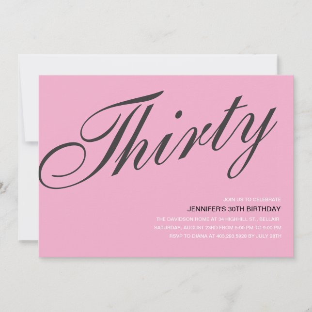 Invitaciones de cumpleaños 30 en negro y rosa (Anverso)