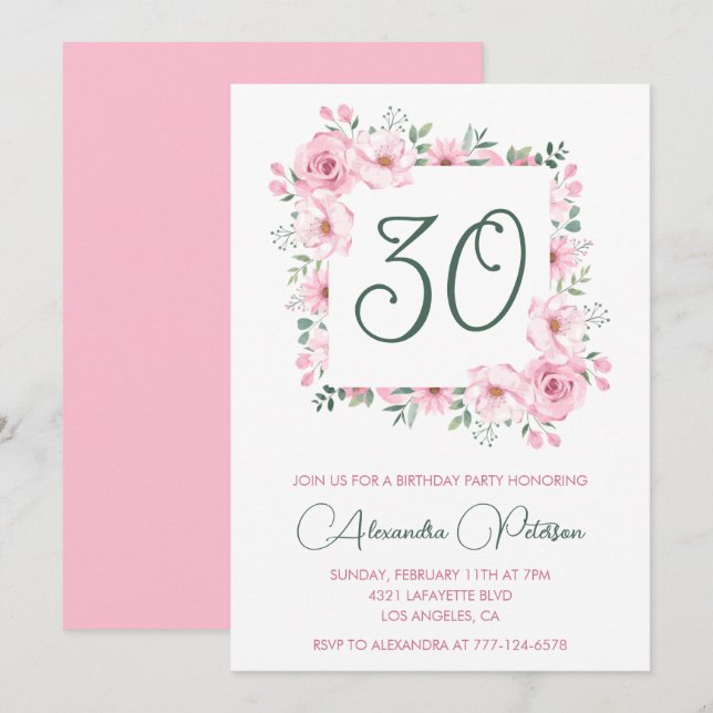 invitaciones de cumpleaños 30 Floral Elegante Rosa (Anverso / Reverso)