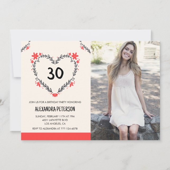 invitaciones de cumpleaños 30 florales corazón (Anverso)