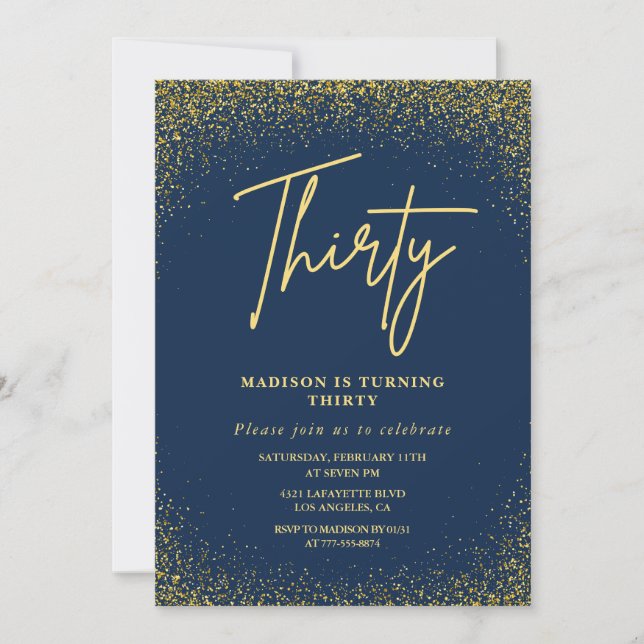 invitaciones de cumpleaños 30 Gold Navy Glitter (Anverso)