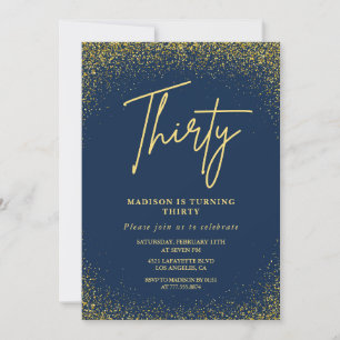 invitaciones de cumpleaños 30 Gold Navy Glitter