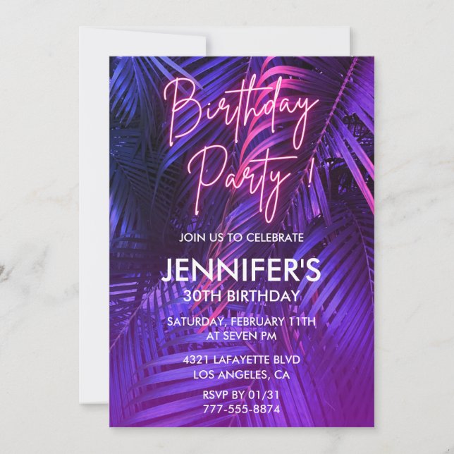 Invitaciones de cumpleaños 30 Luau Rosa Neón Tropi (Anverso)