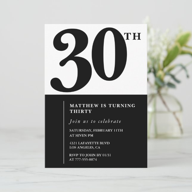 invitaciones de cumpleaños 30 negras y blancas ele (Anverso de pie)