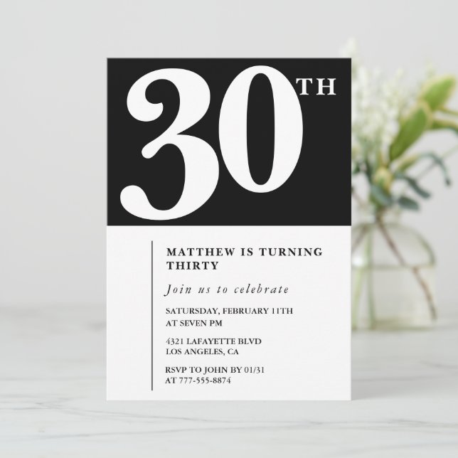 invitaciones de cumpleaños 30 negro blanco elegant (Anverso de pie)