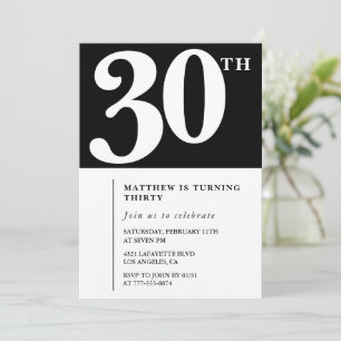 invitaciones de cumpleaños 30 negro blanco elegant