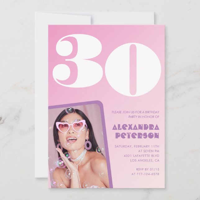 Invitaciones de cumpleaños 30 Pink Retro Foto (Anverso)