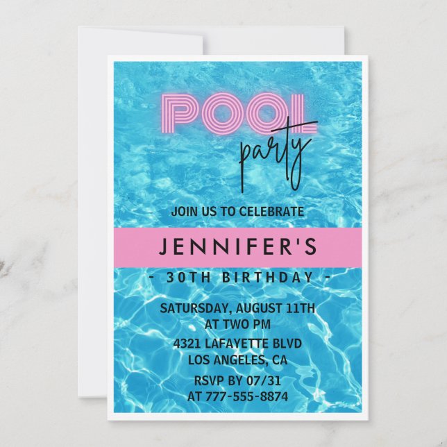 invitaciones de cumpleaños 30 piscina Party Verano (Anverso)