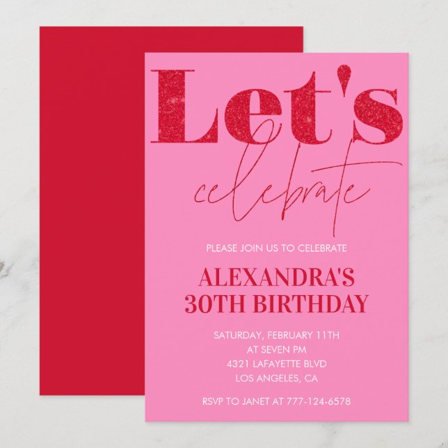 Invitaciones de cumpleaños 30 rosa Tipografía en n (Anverso / Reverso)