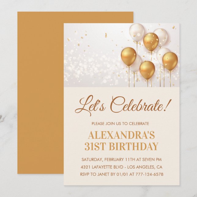 invitaciones de cumpleaños 31 años Globos Dorados (Anverso / Reverso)