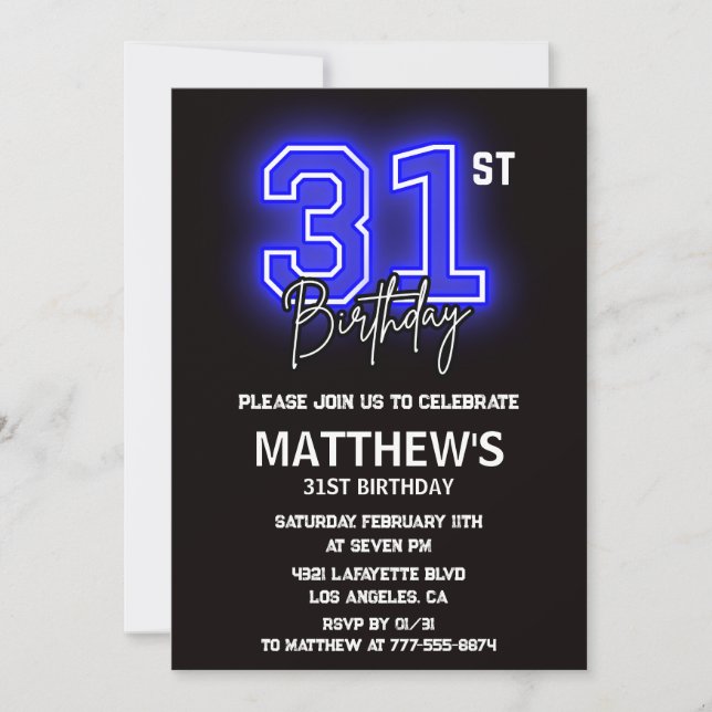 invitaciones de cumpleaños 31 Neon Negro Hombres D (Anverso)