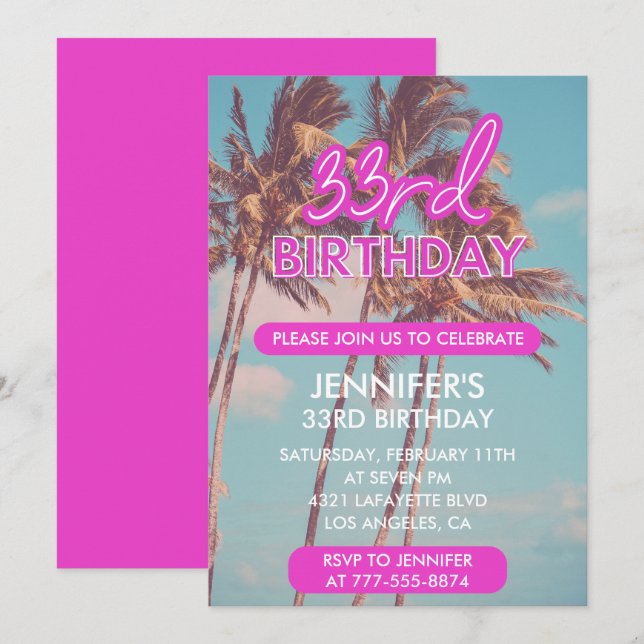 invitaciones de cumpleaños 33 años brillo neón ros (Anverso / Reverso)