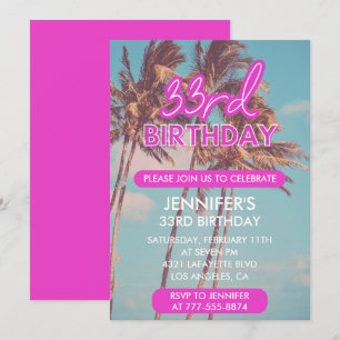 invitaciones de cumpleaños 33 años brillo neón ros