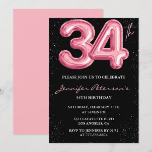 invitaciones de cumpleaños 34 Black Pink Glam glob