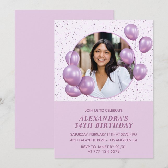 Invitaciones de cumpleaños 34 globos Morado (Anverso / Reverso)