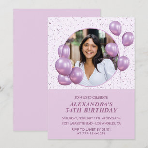 Invitaciones de cumpleaños 34 globos Morado