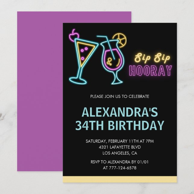 Invitaciones de cumpleaños 34 negras Cocktail Neon (Anverso / Reverso)