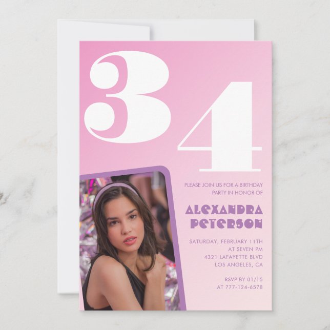 Invitaciones de cumpleaños 34 Pink Retro Foto (Anverso)