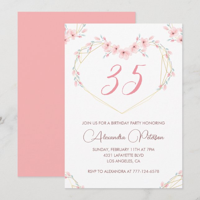 invitaciones de cumpleaños 35 Boho Floral Elegante (Anverso / Reverso)