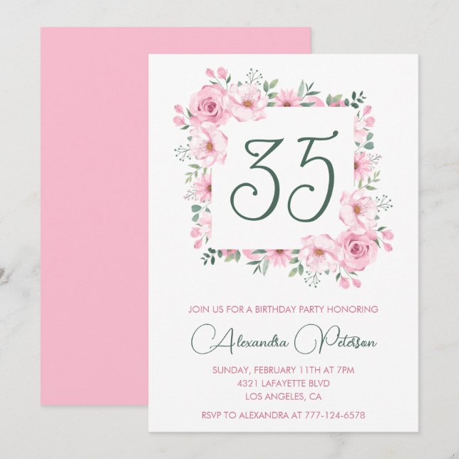 invitaciones de cumpleaños 35 Floral Elegante Rosa (Anverso / Reverso)