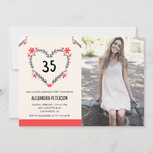 invitaciones de cumpleaños 35 florales corazón (Anverso)