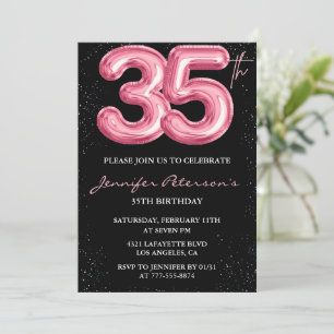 Invitaciones de cumpleaños 35 rosa Glam balon negr