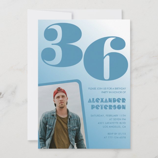 Invitaciones de cumpleaños 36 con gradiente azul H (Anverso)