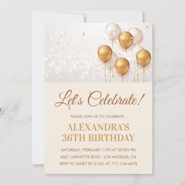 Invitaciones de cumpleaños 36 de oro Globos  (Anverso)