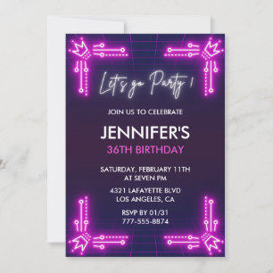 Invitaciones de cumpleaños 36 Pink Neon Simple chi