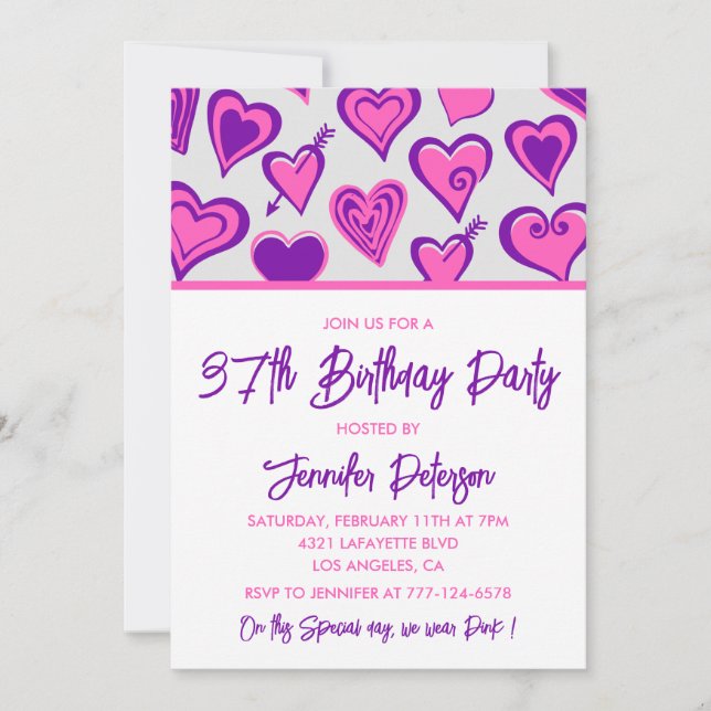 invitaciones de cumpleaños 37 con patrón de corazó (Anverso)
