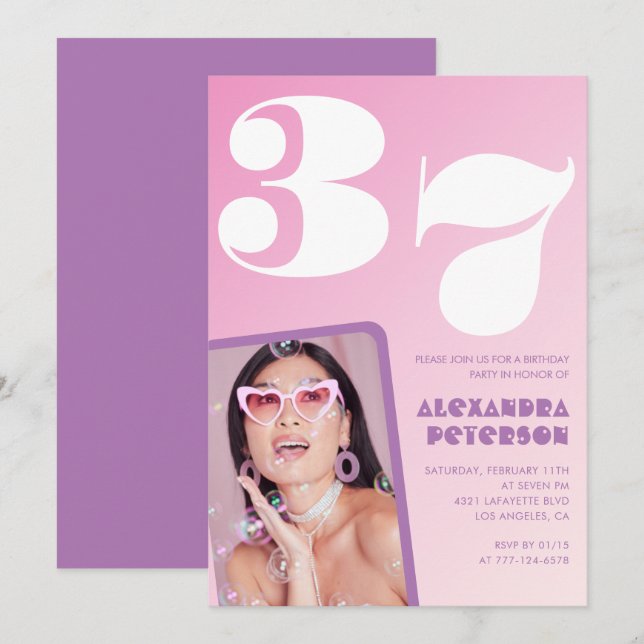 Invitaciones de cumpleaños 37 Pink Groovy Retro Fo (Anverso / Reverso)