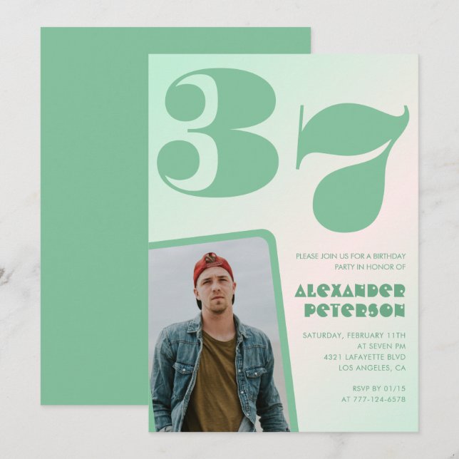 Invitaciones de cumpleaños 37 verde gradiente Niño (Anverso / Reverso)