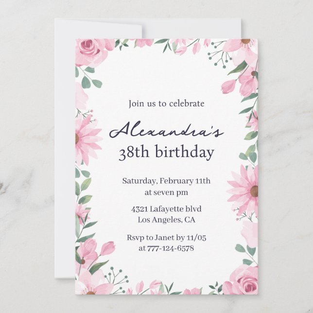 Invitaciones de cumpleaños 38 con marco floral ros (Anverso)