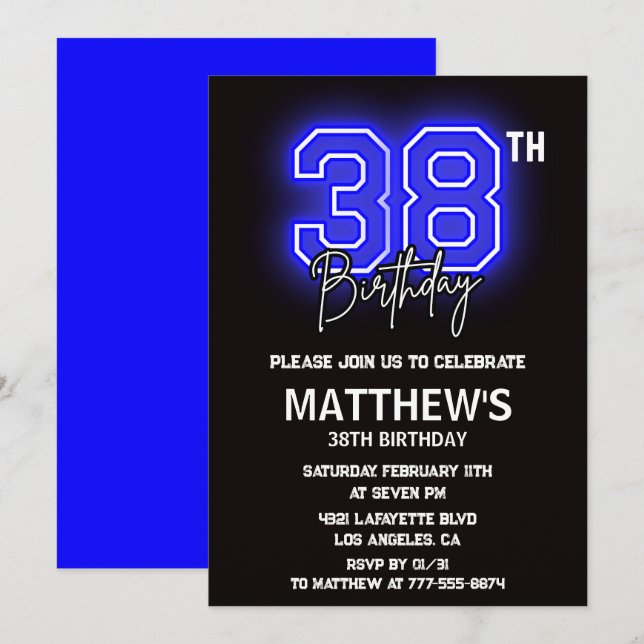 invitaciones de cumpleaños 38 Neon Negro Hombres D (Anverso / Reverso)